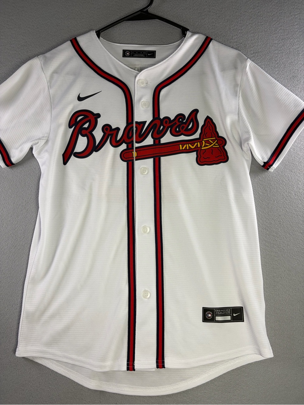 Nike White Braves Kids Baseball Jersey with Red and Navy Trim